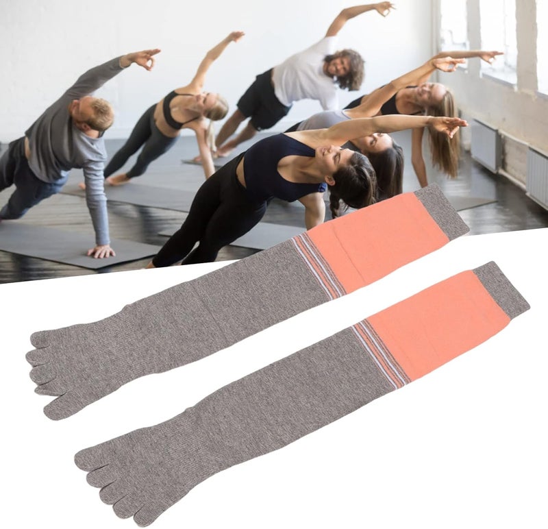 woobles Yoga Long Socks, Yoga High Socks, Fingers Slip Resistant Cotton Sweat Absorption Fitted Wrap Women High Socks (Striped Light Grey) - Image 5